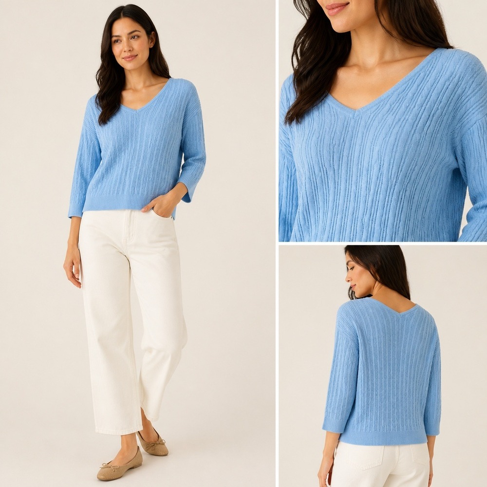 Jeanne Pierre Light Blue Cable Knit V-Neck Cotton Pullover Sweater Women's L